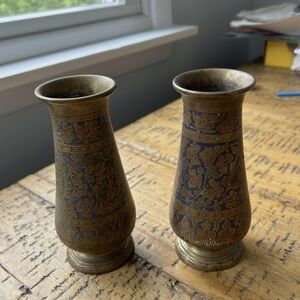 Decorative Brass Floral Etched Vases — Antique Gold Pair